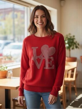 Vtg Everyday Clothing Co. Y2K Red Sweater Valentine Rhinestones Heart Love XL
